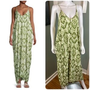 LoveStitch Boho Weekend Ikat Green Cream White Maxi Dress S/M Geometric Sundress